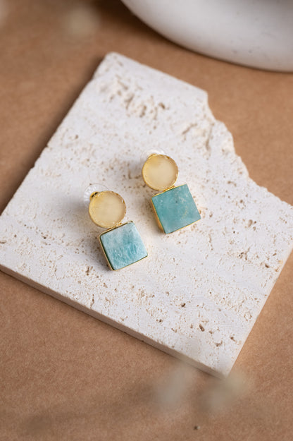 Lemon Quartz circle Two Stone Crystal Earring (Lemon Quartz + Green Amazonite) - Lili-Origin