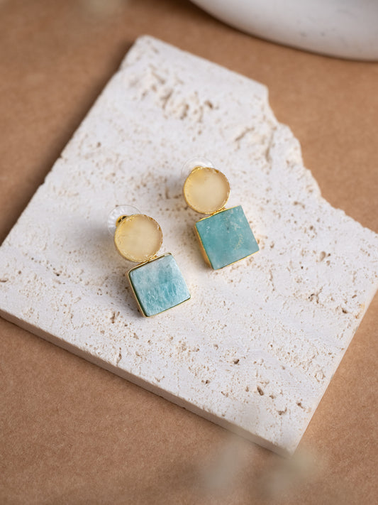 Lemon Quartz circle Two Stone Crystal Earring (Lemon Quartz + Green Amazonite)