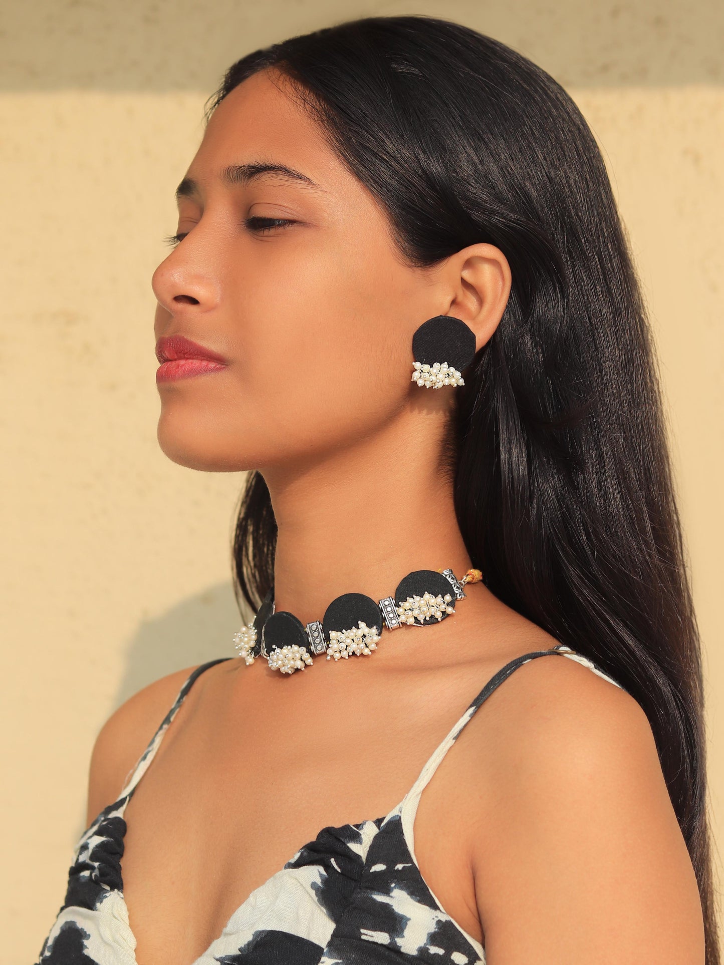 Black Pearly Fabric Choker and Earring Set