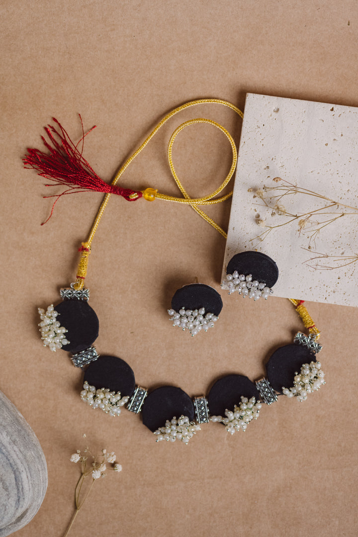 Black Pearly Fabric Choker and Earring Set - Lili-Origin