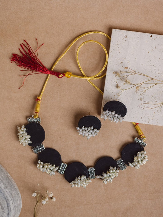 Black Pearly Fabric Choker and Earring Set