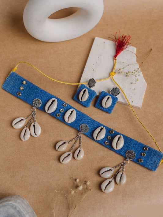 Denim shell fabric choker and earring set - Lili-Origin