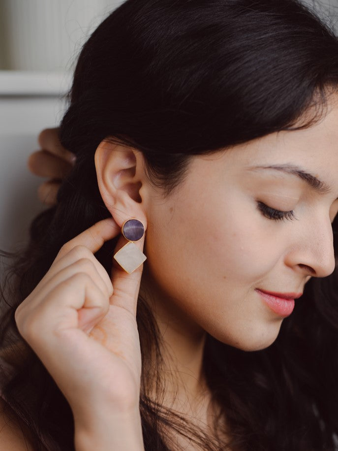 Amethyst Circle Two Stone Crystal Earring (Amethyst + Rose Quartz) - Lili-Origin