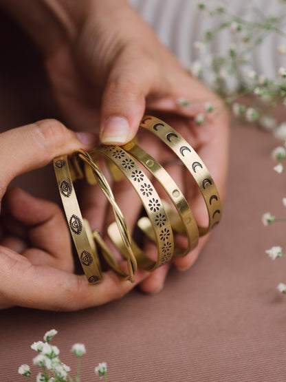 Hand Stamped - Stack of 5 Adjustable Brass Bracelets (Anti Tarnish)