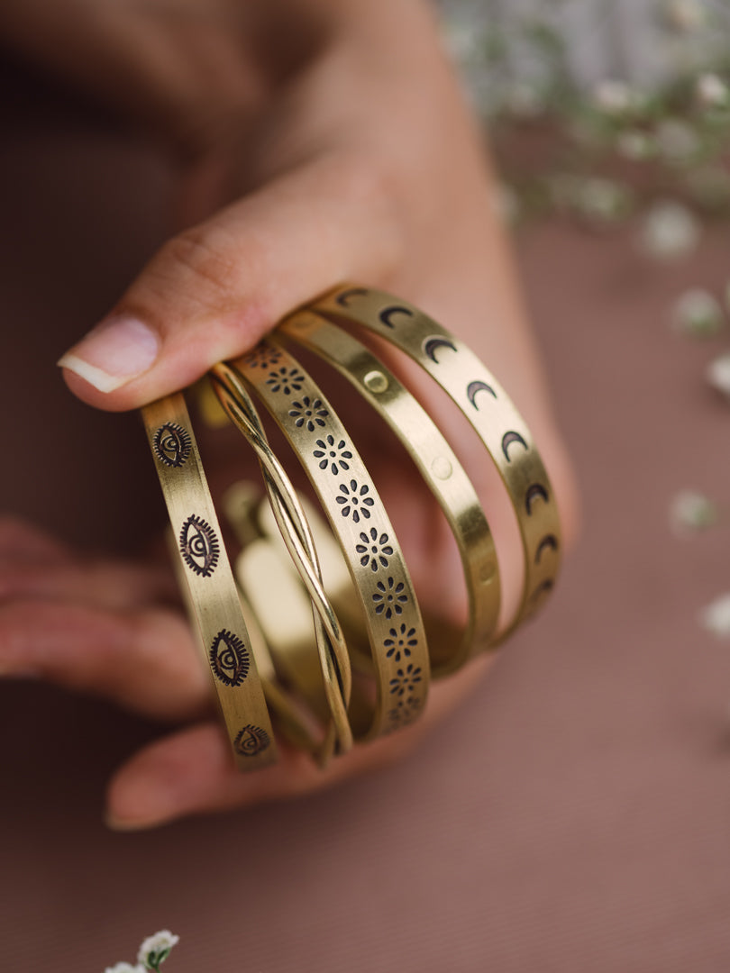 Hand Stamped - Stack of 5 Adjustable Brass Bracelets (Anti Tarnish)