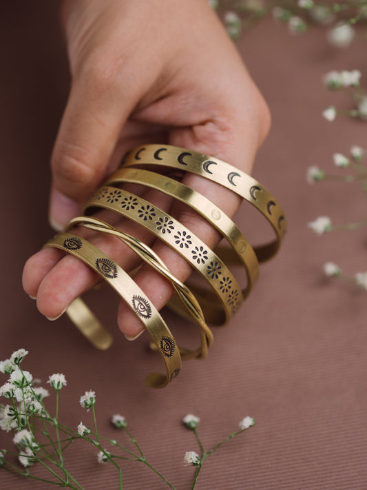 Hand Stamped - Stack of 5 Adjustable Brass Bracelets (Anti Tarnish)