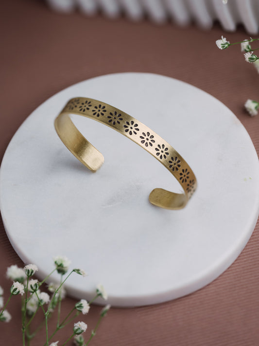 Flower Hand Stamped Brass Band Adjustable Bracelet (Anti Tarnish)