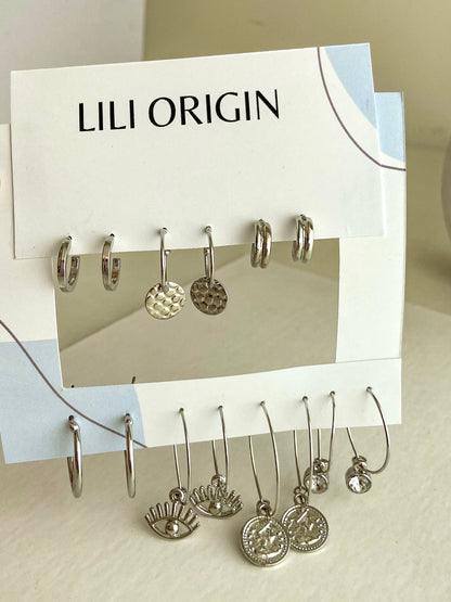 7 Pair Coin Drop Silver Earrings - Lili-Origin