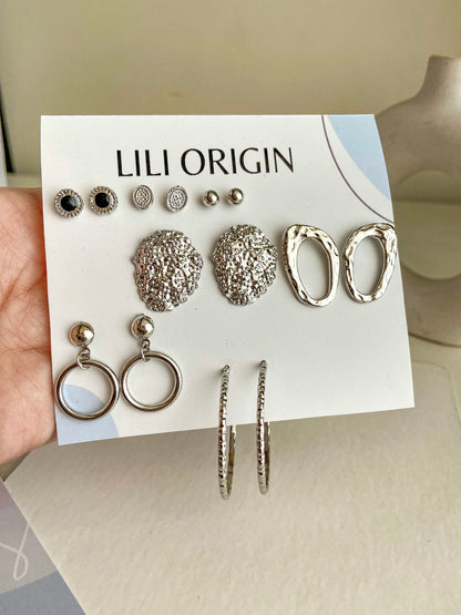 7 Pair Geometric Earring Silver - Lili-Origin