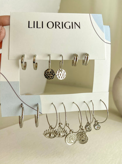 7 Pair Coin Drop Silver Earrings - Lili-Origin