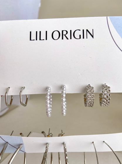 6 Pair Sparkling Big Hoop Silver Earrings - Lili-Origin